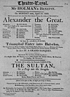 Playbill advertising a performance of Alexander the Great at the Theatre Royal, Edinburgh :click to view larger image