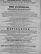 Playbill advertising a performance of The Wanderer; or, The Rights of Hospitality at the Theatre Royal, Edinburgh :click to view larger image