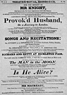 Playbill advertising a performance of Provok'd Husband; or, A Journey to London at the Theatre Royal, Edinburgh :click to view larger image