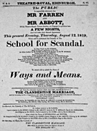 Playbill advertising a performance of The School for Scandal at the Theatre Royal, Edinburgh :click to view larger image