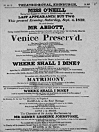 Playbill advertising a performance of Venice Preserv'd at the Theatre Royal, Edinburgh :click to view larger image
