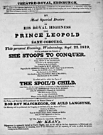 Playbill advertising a performance of She Stoops to Conquer at the Theatre Royal, Edinburgh :click to view larger image