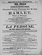 Playbill advertising a performance of Hamlet at the Theatre Royal, Edinburgh :click to view larger image