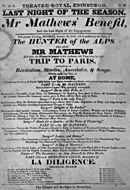 Playbill advertising a performance of The Hunter of the Alps at the Theatre Royal, Edinburgh :click to view larger image