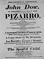 Playbill advertising a performance of Pizarro at the Theatre Royal, Edinburgh :click to view larger image