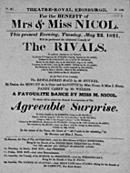 Playbill advertising a performance of The Rivals at the Theatre Royal, Edinburgh :click to view larger image