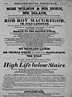 Playbill advertising a performance of Rob Roy MacGregor; or, Auld Lang Syne at the Theatre Royal, Edinburgh :click to view larger image