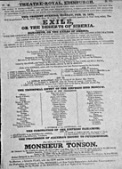Playbill advertising a performance of Exile; or, The Deserts of Siberia at the Theatre Royal, Edinburgh :click to view larger image