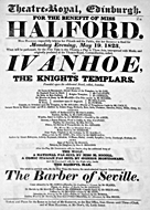 Playbill advertising a performance of Ivanhoe; or, The Knights of the Temple at the Theatre Royal, Edinburgh :click to view larger image