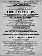Playbill advertising a performance of Der Freischutz; or, The Spectre Huntsman of Bohemia at the Theatre Royal, Edinburgh :click to view larger image