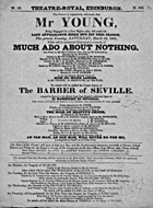 Playbill advertising a performance of Much Ado About Nothing at the Theatre Royal, Edinburgh :click to view larger image