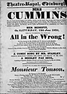 Playbill advertising a performance of All in the Wrong! at the Theatre Royal, Edinburgh :click to view larger image