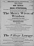 Playbill advertising a performance of The Merry Wives of Windsor at the Theatre Royal, Edinburgh :click to view larger image