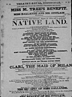 Playbill advertising a performance of Native Land at the Theatre Royal, Edinburgh :click to view larger image