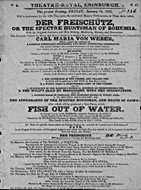 Playbill advertising a performance of Der Freischutz; or, The Spectre Huntsman of Bohemia at the Theatre Royal, Edinburgh :click to view larger image
