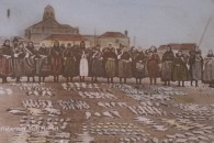 Fisherrow fishwives at outdoor fishmarket, early 20C