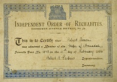  Certificate of enrolment in the Independent Order of Rechabites 