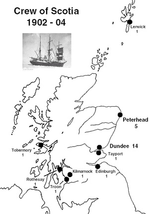 Outline map of Scotland showing home towns of the crew of the Scotia